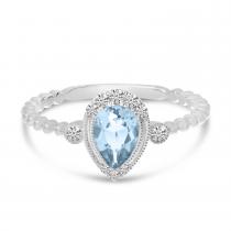 14K White Gold Pear Aquamarine and Diamond Ball Band Ring