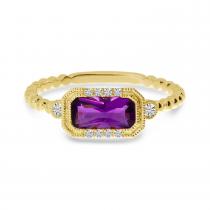 14K Yellow Gold Emerald Cut Amethyst and Diamond Ball Band Ring