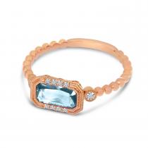 14K Rose Gold Octagon Aquamarine and Diamond Semi Precious Beaded Band Ring