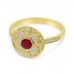 14K Yellow Gold Round Ruby and Diamond Precious Art Deco Ring