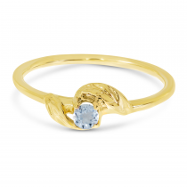 14K Yellow Gold 3mm Round Aquamarine Birthstone Leaf Ring