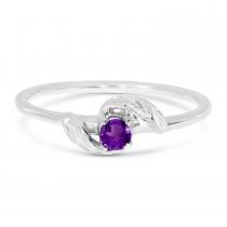 14K White Gold Round Amethyst  Leaf Birthstone Ring