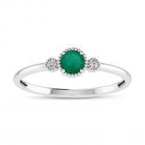 14K White Gold 4mm Round Emerald and Diamond Millgrain Birthstone Ring