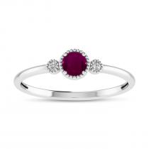 14K White Gold 4mm Round Ruby and Diamond Millgrain Birthstone Ring