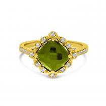 14K Yellow Gold Peridot Cushion & Diamond Band RIng