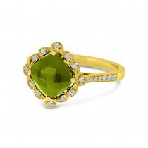 14K Yellow Gold Peridot Cushion & Diamond Band RIng