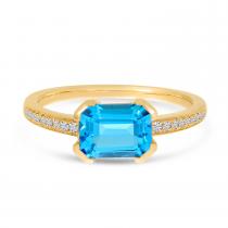 14K White Gold Hexagon Blue Topaz and Diamond East to West Ring