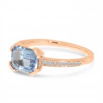 14K Rose Gold Aquamarine Semi Precious Emerald-Cut Pave Ring