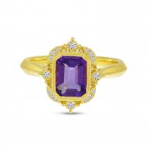 14K Yellow Gold Emerald Cut Amethyst Semi Precious Millgrain Halo Ring