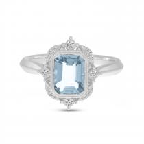 14K White Gold Emerald Cut Aquamarine Semi Precious Millgrain Halo Ring