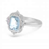 14K White Gold Emerald Cut Aquamarine Semi Precious Millgrain Halo Ring