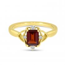 14K Yellow Gold Garnet Semi Precious Emerald-Cut Millgrain Halo Ring