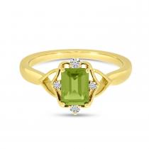 14K Yellow Gold Peridot Semi Precious Emerald-Cut Millgrain Halo Ring