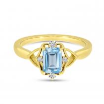 14K White Gold Aquamarine Semi Precious Emerald-Cut Millgrain Halo Ring