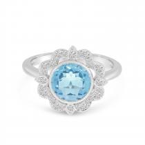 14K White Gold Round Aquamarine Millgrain Diamond Ring