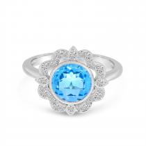 14K White Gold Round Blue Topaz Millgrain Diamond Ring