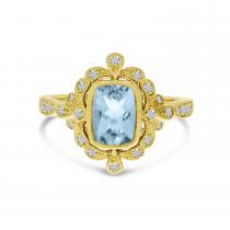 14K Yellow Gold Aquamarine Cushion with Diamond Milgrain Ring