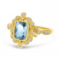 14K Yellow Gold Aquamarine Cushion with Diamond Milgrain Ring