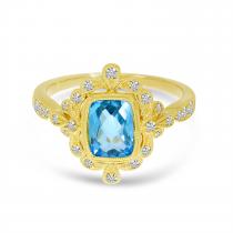 14K Yellow Gold Blue Topaz Cushion with Diamond Milgrain Ring