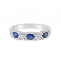 14K White Gold Hexagon Sapphire & Diamond Millgrain Ring