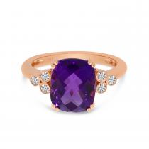 14K Rose Gold Cushion Amethyst & Diamond Millgrain Ring