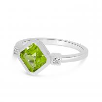 14K White Gold Square Peridot and Diamond Ring