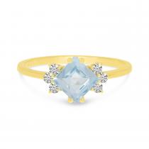 14K Yellow Gold Aquamarine Princess Cut & Diamond Ring