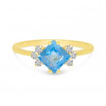 14K Yellow Gold Blue Topaz Princess Cut & Diamond Ring