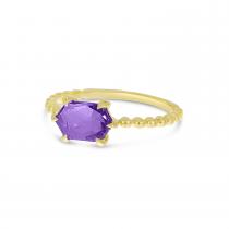 14K Yellow Gold Hexagon Amethyst Beaded Ring