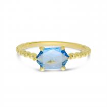 14K Yellow Gold Hexagon Blue Topaz Beaded Ring