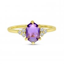 14K Yellow Gold Hexagon Amethyst and Diamond Ring