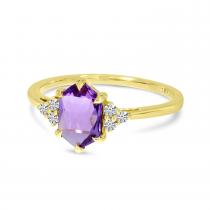 14K Yellow Gold Hexagon Amethyst and Diamond Ring