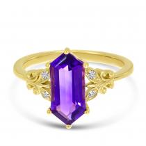 14K Yellow Gold Hexagon Amethyst and Diamond Ring