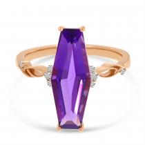 14K Yellow Gold Elongated Hexagon Amethyst and Diamond Ring