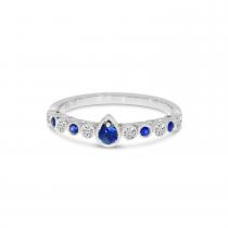 14K White Gold Round Sapphire and Diamond Pear Millgrain Ring