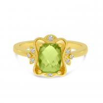 14K Yellow Gold Cushion-Cut Peridot and Diamond Millgrain Ring