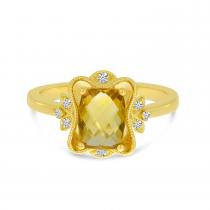 14K Yellow Gold Cushion-Cut Citrine and Diamond Millgrain Ring