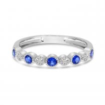 14K White Gold Round Sapphire and Diamond Millgrain Band