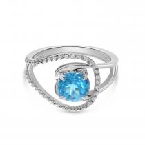 14K White Gold Round Blue Topaz Semi Precious Swirl Ring