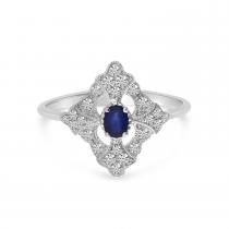 14K White Gold Oval Sapphire and Diamond Art Deco Ring