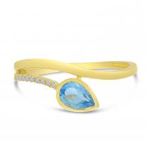 14K Yellow Gold Pear Blue Topaz and Diamond Wave Bypass Ring