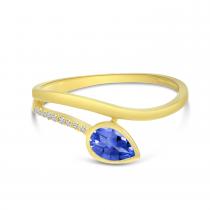 14K Yellow Gold Pear Tanzanite and Diamond Wave Bypass Ring