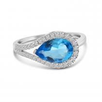 14K White Gold Pear Cut Blue Topaz East to West Diamond Halo Ring