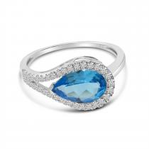 14K White Gold Pear Cut Blue Topaz East to West Diamond Halo Ring