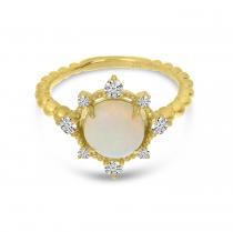 14K Yellow Gold Round Opal and Diamond Beaded Band Ring