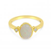 14K Yellow Gold Oval Opal Ring with Diamond Millgran Details