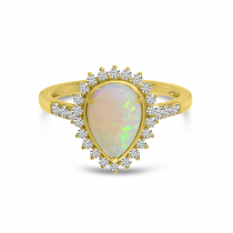 14K Yellow Gold Opal Pear Ring with Diamond Halo 