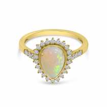 14K Yellow Gold Opal Pear Ring with Diamond Halo 