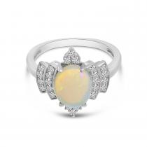 14K Yellow Gold Oval Opal Ring with Diamond Halo