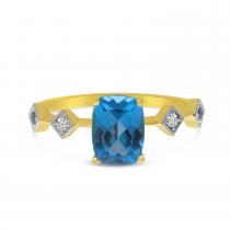 14K Yellow Gold Cushion Blue Topaz and Diamond Ring